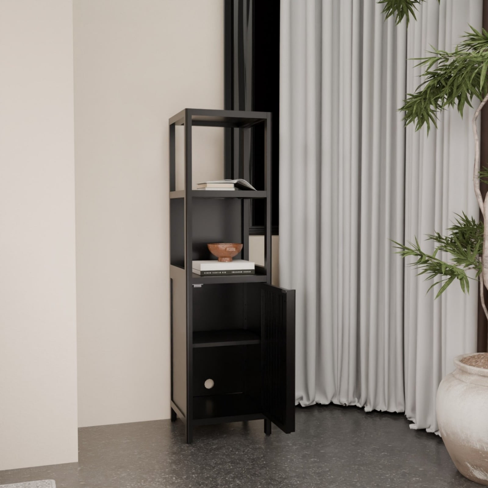 52" Bamboo Linen Tower Storage Cabinet, Bathroom Organizer with Doors & Open Shelves, Narrow Space-Saving Tall Cabinet, Black