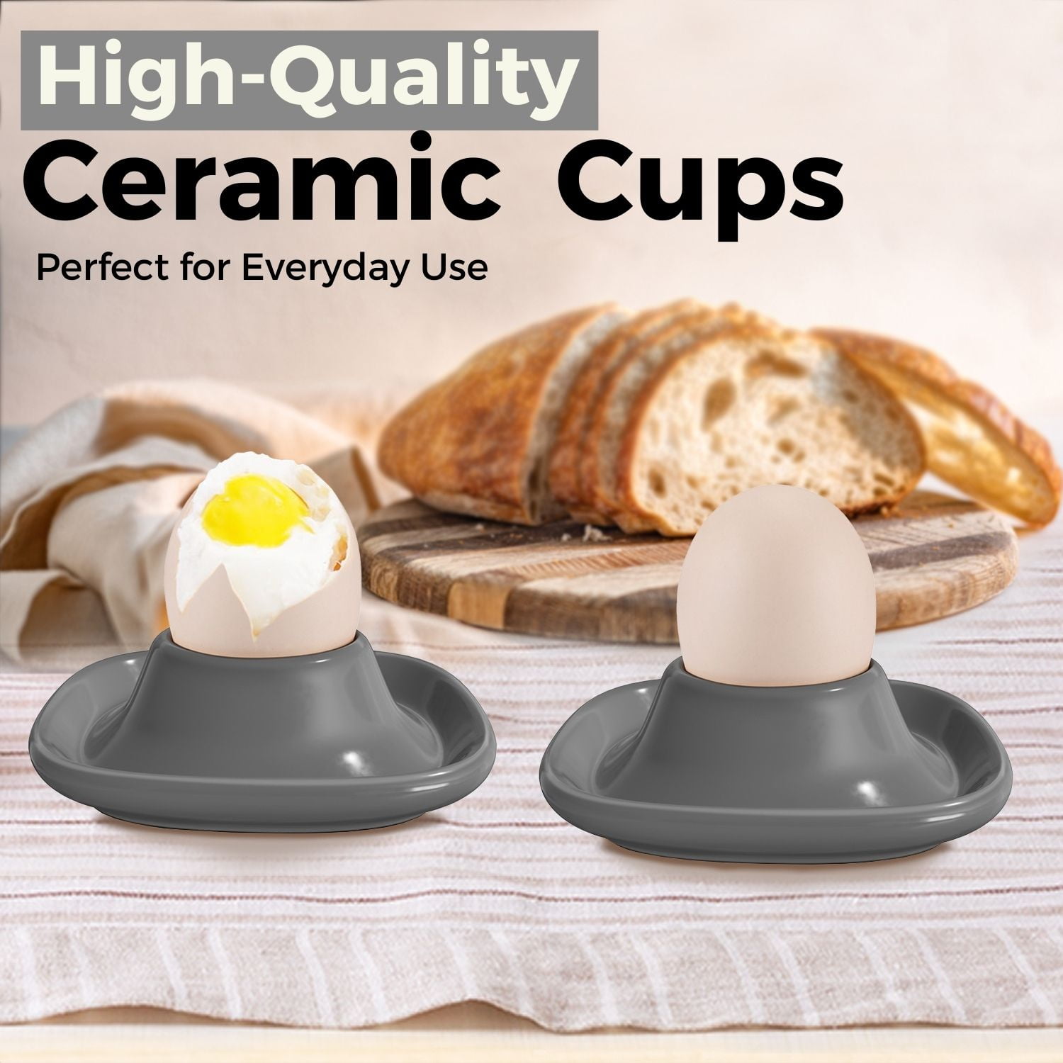 Ceramic Egg Cups Set of 6 Half Dozen Pack, Porcelain Hard Soft Boiled Egg Holder Keeper Container with Base, Stackable Serving Dish Plate Stand Serveware for Countertop Display Kitchen Home (Gray)