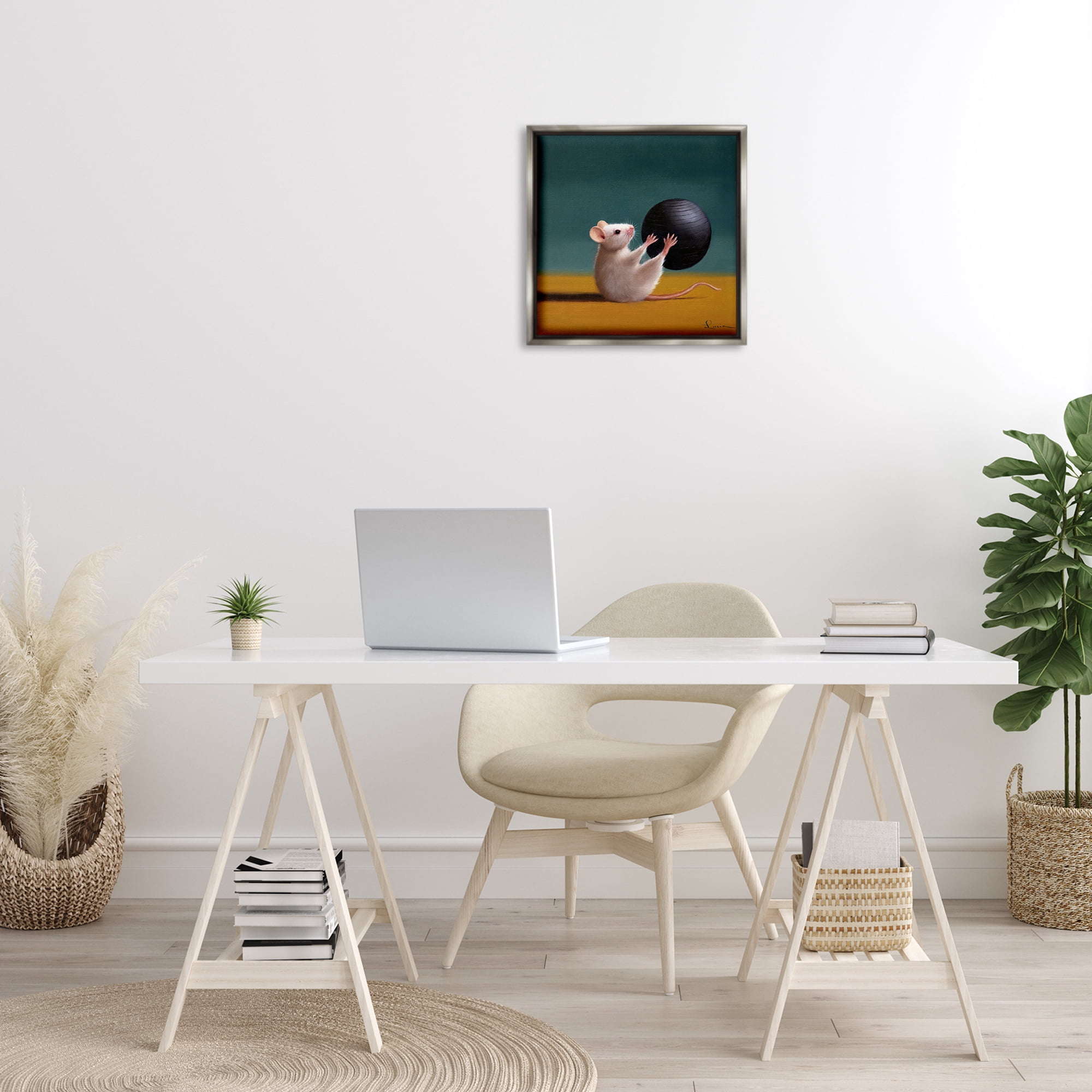 Stupell Industries Mouse with Exercise Ball Animals & Insects Painting Gray Floater Framed Canvas Art Print Wall Art, 18 x 18