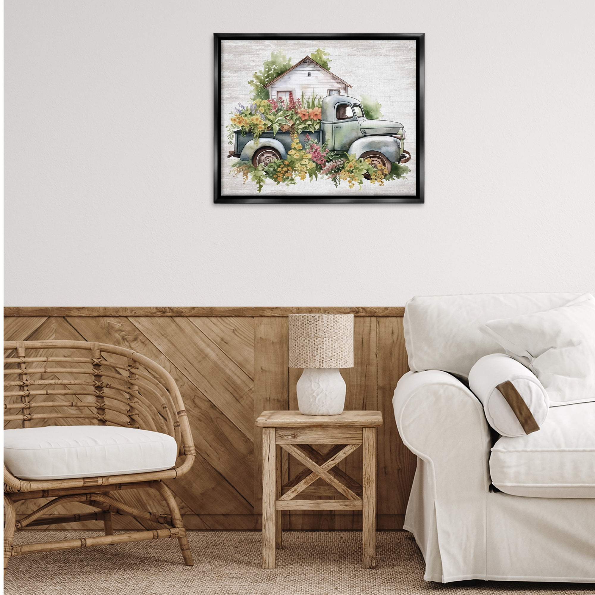 Stupell Industries Country Floral Truck Transportation Painting Black Floater Framed Canvas Art Print Wall Art, 31 x 25