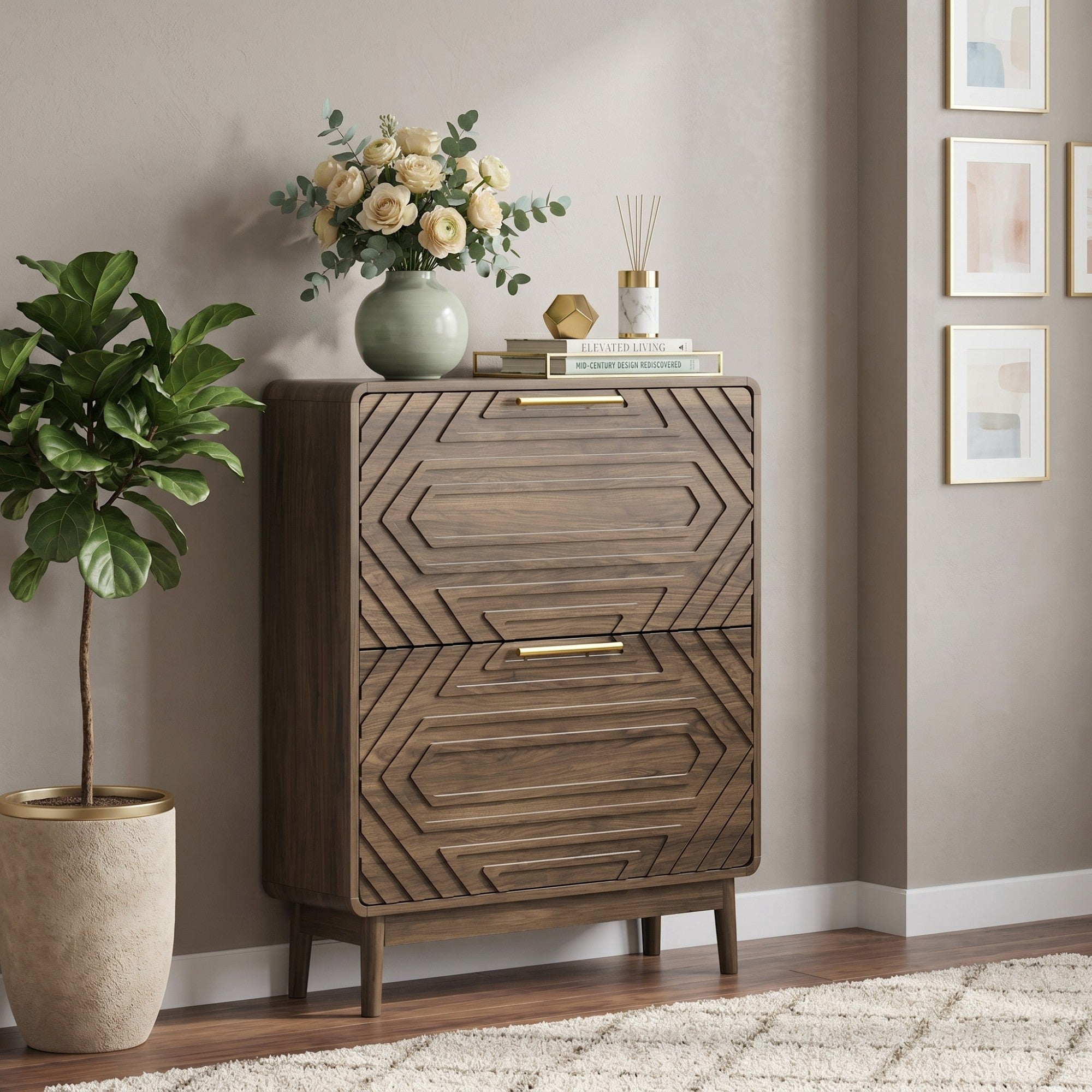 Sailvan 31.5" Walnut Shoe Cabinet, Mid-Century Modern Freestanding Organizer with 2 Flip-Top Drawers