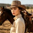 thumbnail image 2 of Cowgirl Cowboy Hat for Women Men Roll Up Wide Brim Fedora Western Hat with Belt Buckle Beach Vacation Summer, 2 of 5
