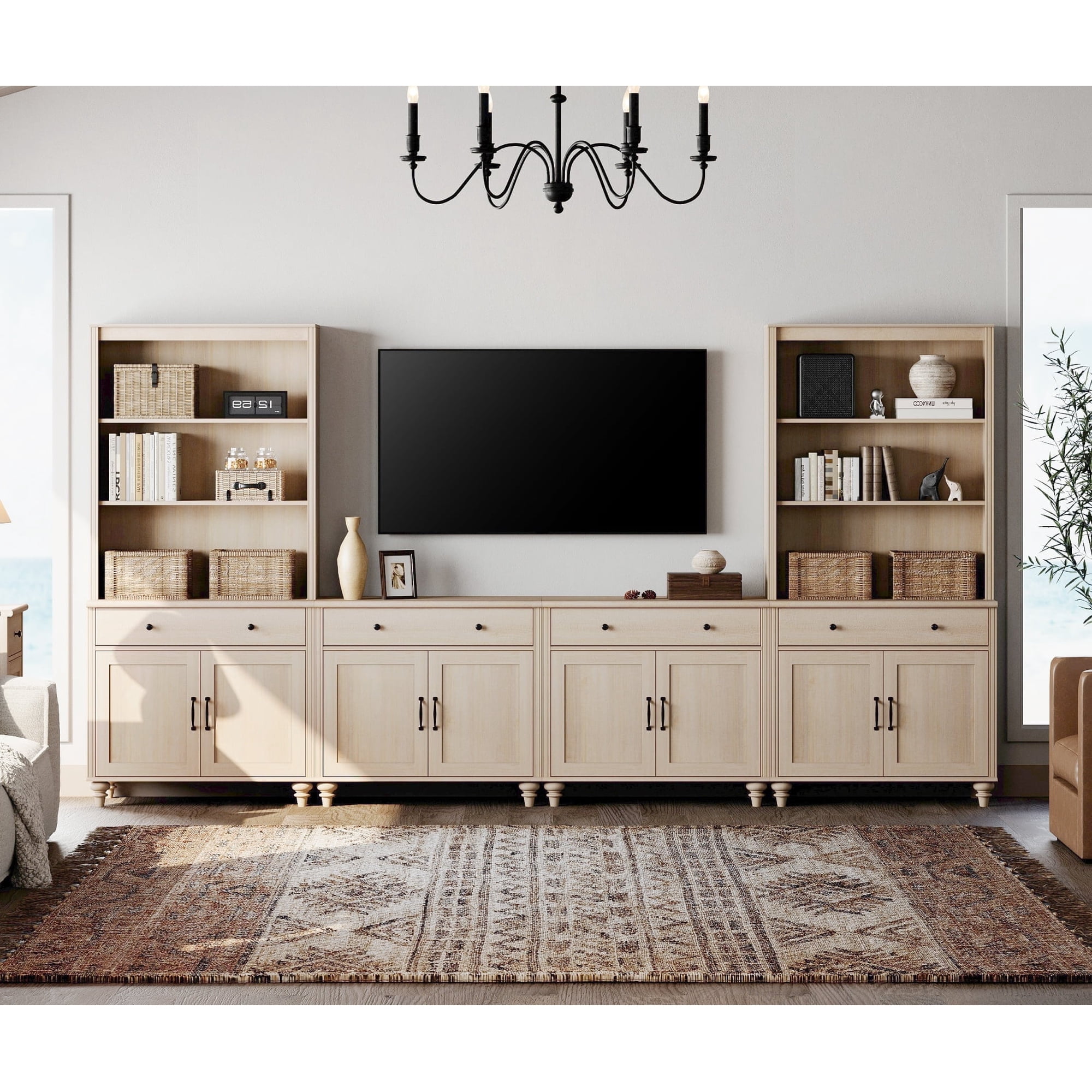WAMPAT Television Stands with Bookshelves for TVs up to 75", Farmhouse Wall Unit TV Stand with 8 Doors & 4 Drawer, Media Console Table for Living Room, Bedroom & Home Theater, Beige