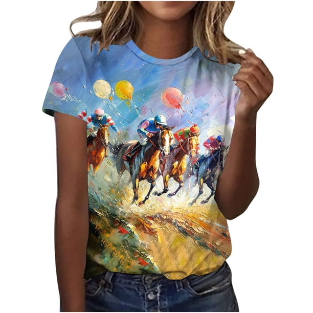 Tops de Cuello Redondo para las Mujeres, Nuevo Suéter de Manga Corta, Caballo Casual Impreso Top Camiseta