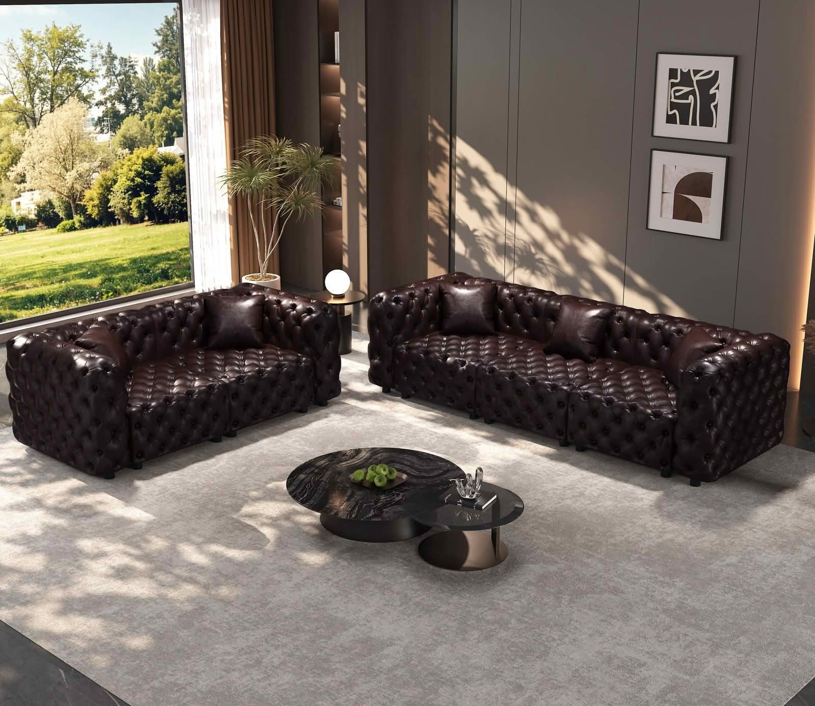 MAYEERTY 5‑Seat Faux‑Leather Modular Sofa, Handcrafted Button Tufted Couch with 5 Pillows for Living Room & Small Apartment