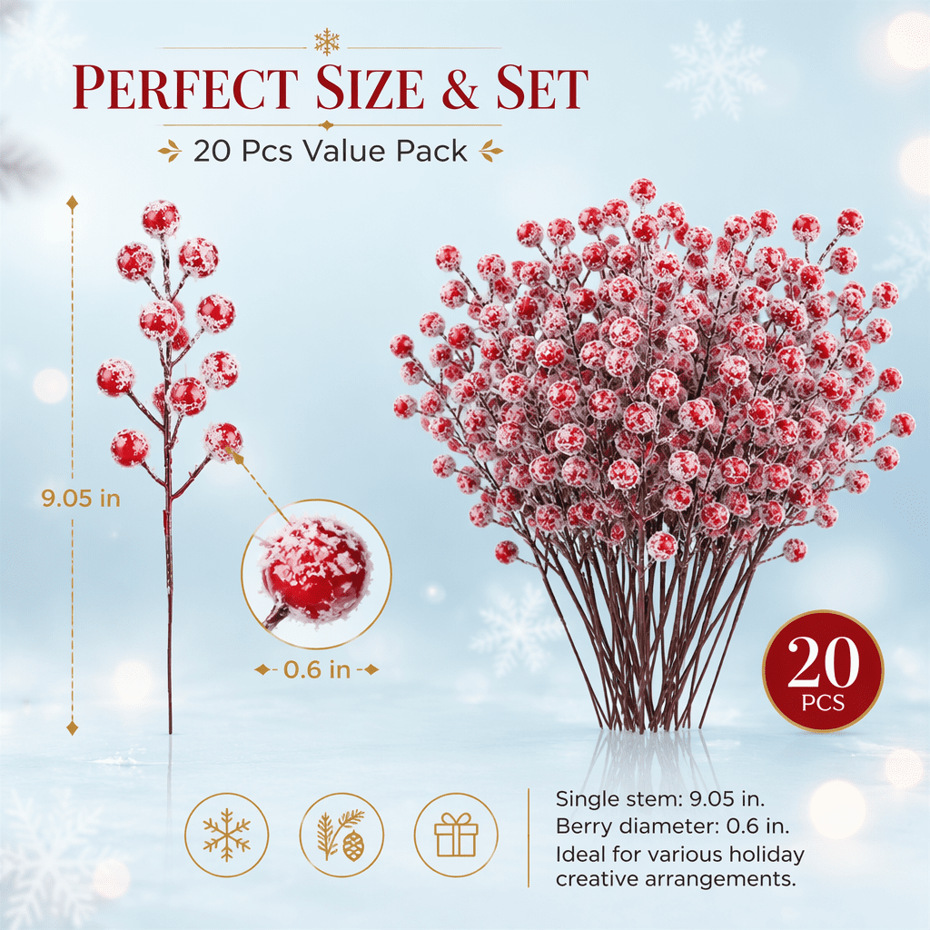 Artrylin 20 Pcs Artificial Holly Berry Stem Picks,Winter Frosted Red Berry Stems,Christmas Holly Berries Decorations,9" Fake Snowy Red Berry Branches,Christmas Tree Ornaments with Snowflake Glitter