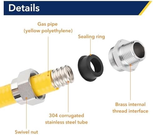33ft 1/2 inch CSST Flexible Yellow Propane Gas line, Corrugated Stainless Steel 304 Hose, with Total 4 Male Adapter Fittings, Natural Grill Pipe kit