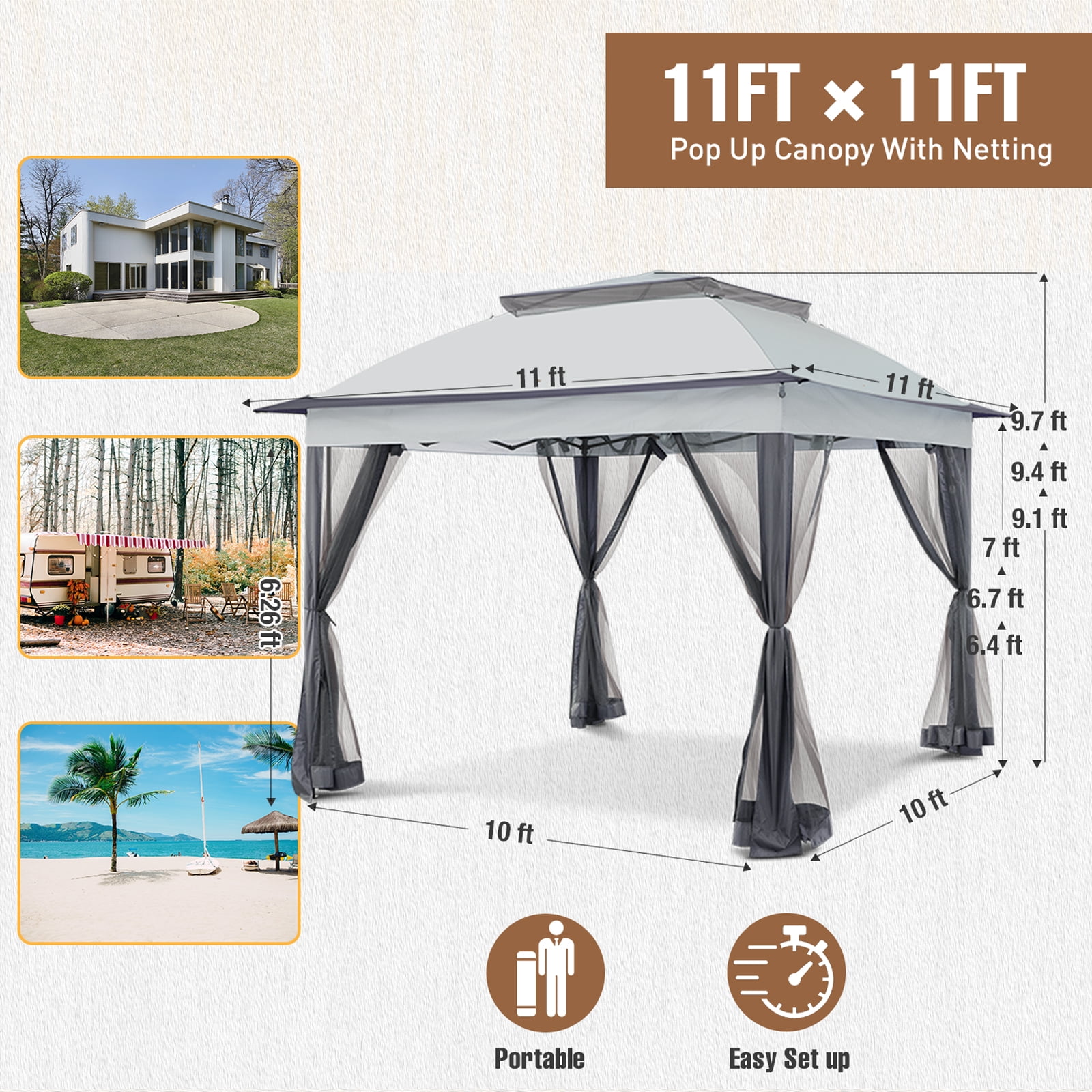 INTER HUT 11x11 Outdoor Pop up Gazebo Tent with Mesh Walls for Patio, Lawn, Backyard and Deck, Gray