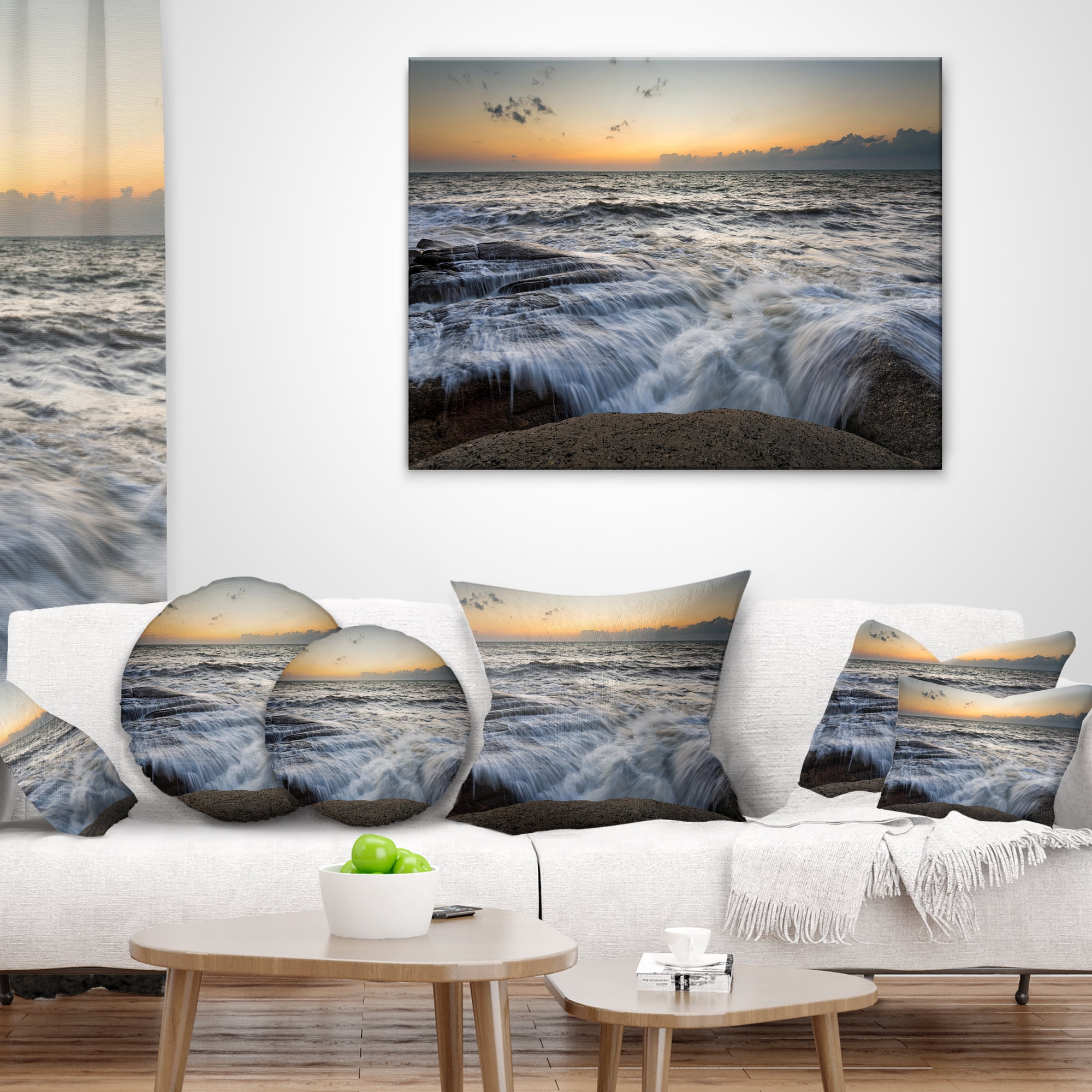 Designart Troubled Sunset Sea Waves - Beach Photo Throw Pillow - 16x16