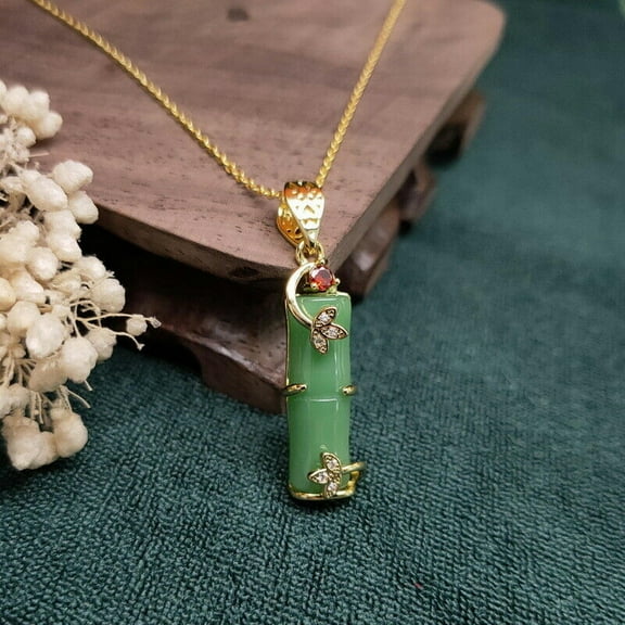 K-KED Jade Bamboo Pendant Necklace Delicate Jewelry Natural Charms 925 Silver Luxury Chinese-Green