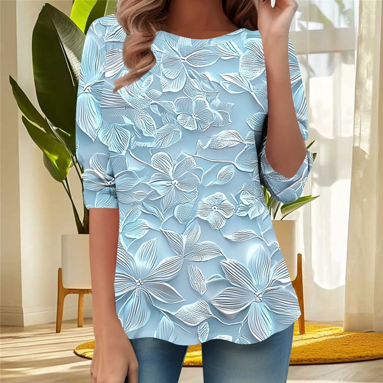 Blouse Ecote Boho – Manches 3/4, Décolleté V, Bleu Floral, Taille M