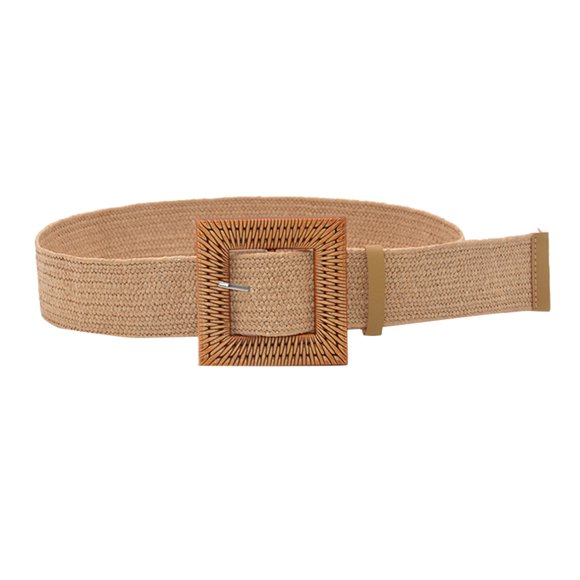 Belt Women Belts For Dresses Elastic Straw Rattan Waist Band With Wood Buckle Belt