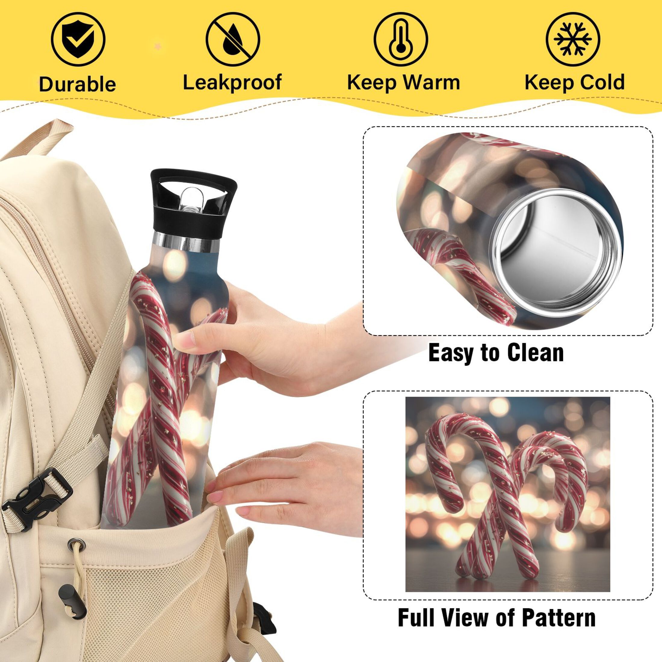 600ML Stainless Steel Insulated Cup Sports Water Bottle Portable Thermos Cup Water Glasses Insulated Tumblers Convenient and Durable Beautiful Christmas Candy Canes