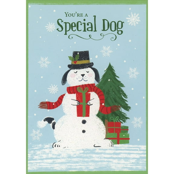 Designer Greetings Snowman Dog Wearing Red Scarf, Top Hat and Holding Gift Christmas Card for Dog