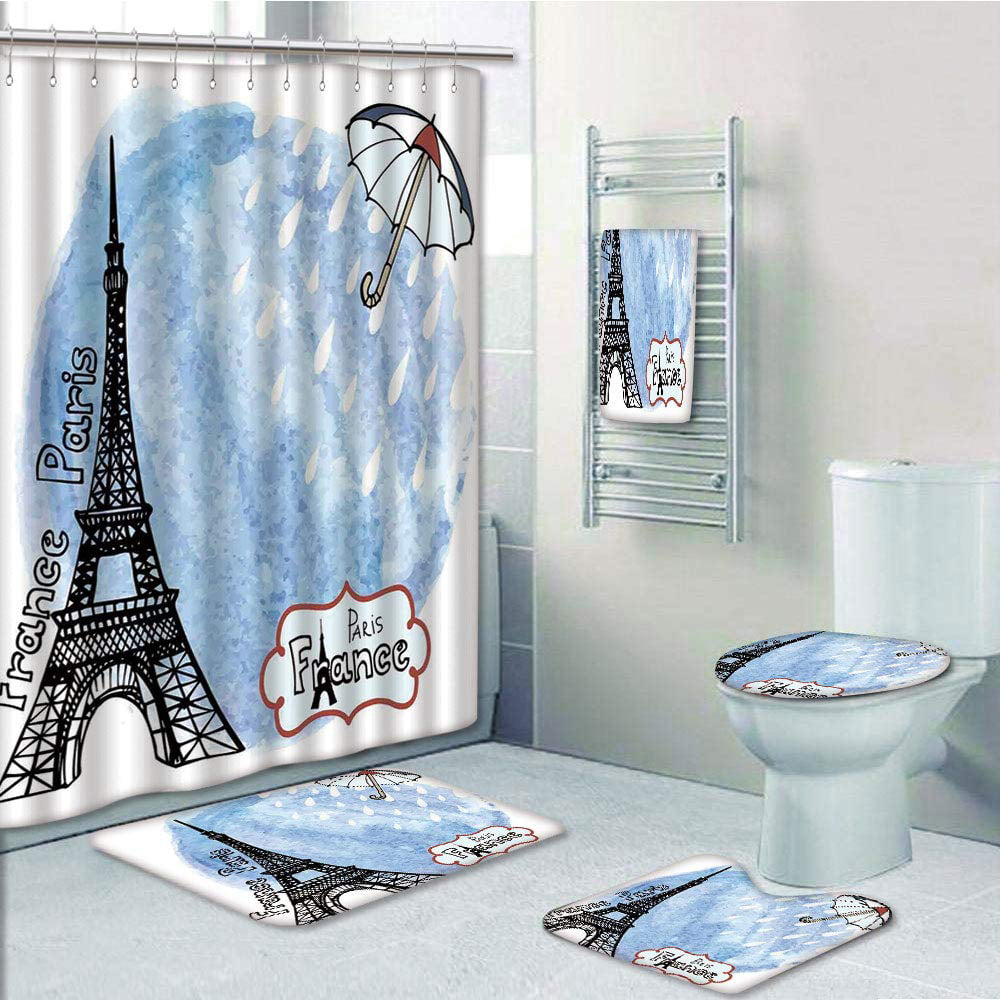 Eiffel Tower Shower Curtain Bathroom Rug Set Bath Mat Non-Slip Toilet Lid Cover 