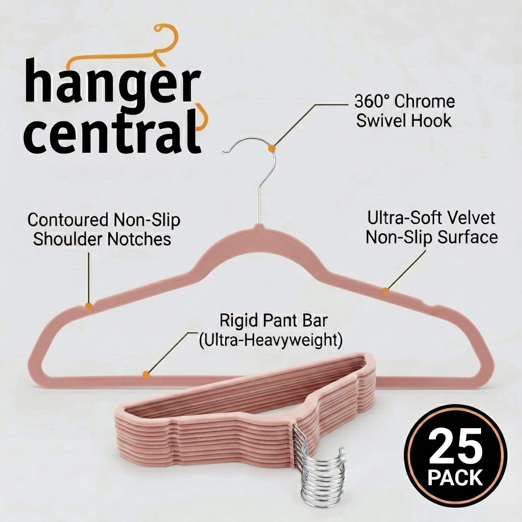Hanger Central 25 Pack Space Saving Pink Velvet Non-Slip Hangers with Swivel Hook
