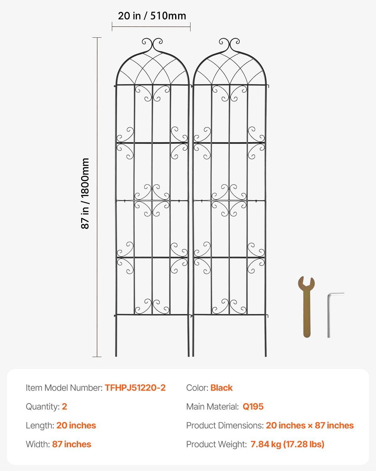 2-Pack 87x20 Inch Metal Garden Trellis for Climbing Plants, Outdoor Rust-Proof Plant Support Trellis for Vine Vegetables, Flowers