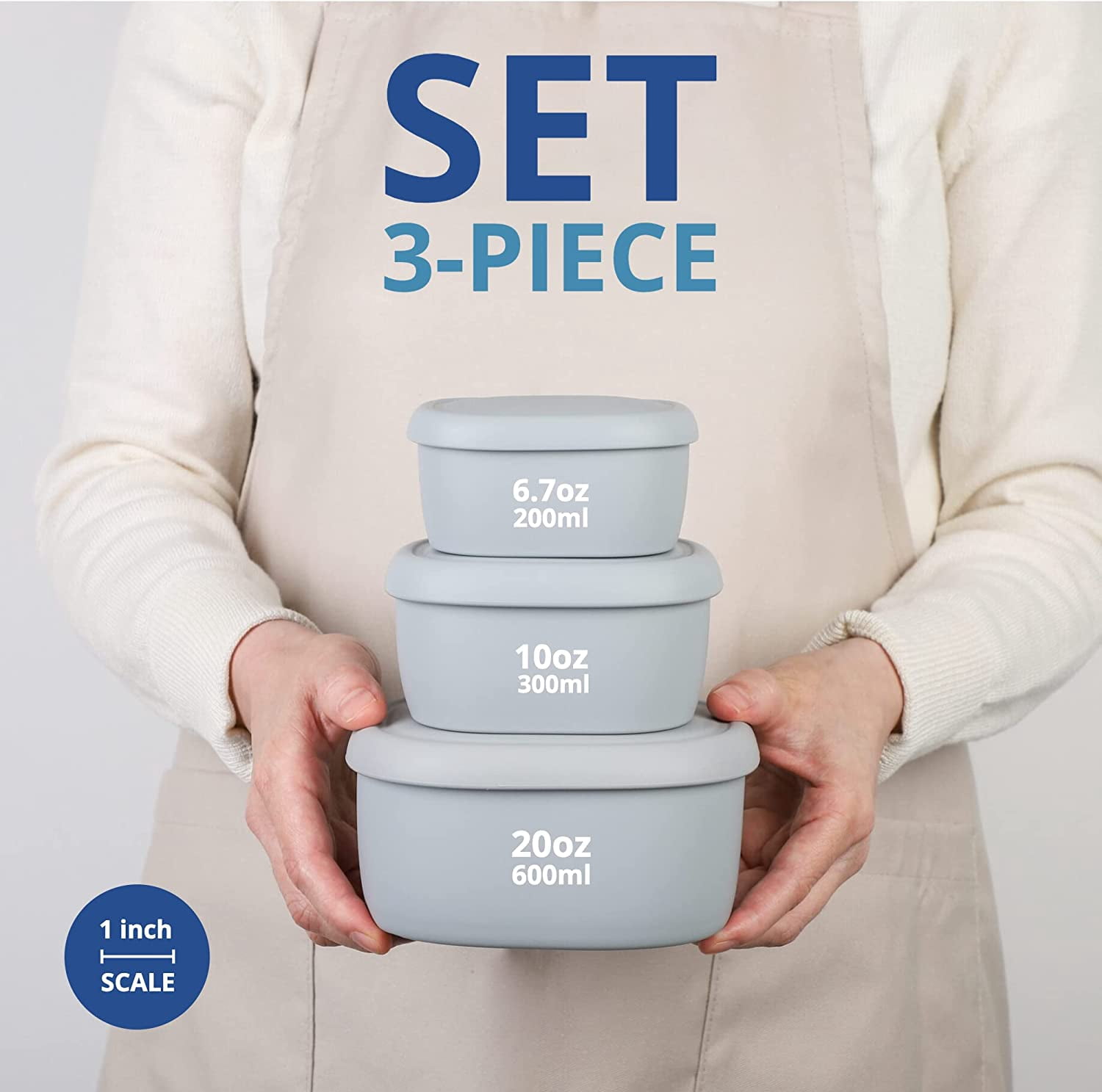 BLUE GINKGO Nesting Silicone Containers, Airtight Food Storage | Set of 3 Gray (6.7oz, 10oz, 20oz) Gray