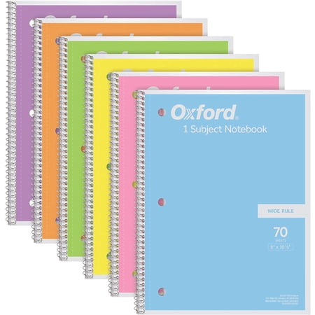 Oxford Spiral Notebook 6 Pack, 1 Subject, Wide Ruled Paper, 8 x Inch, Pastel Pink, Orange, Yellow, Green, Blue and Purple, 70 Sheets (63757)