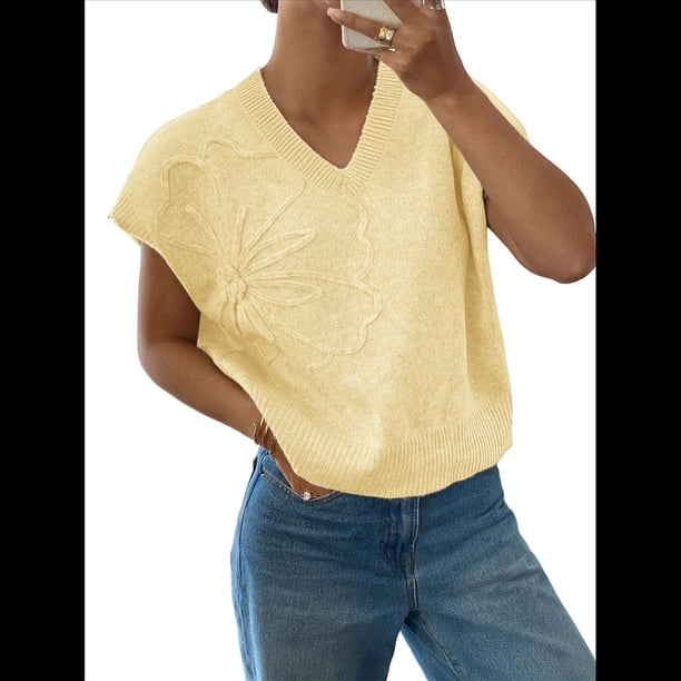 Tops Florales Bonitos de Corta para Mujer, con Decoración de Flores 3D, de Punto, Sueltos, para , Otoño y Verano 2025 Amarillo M