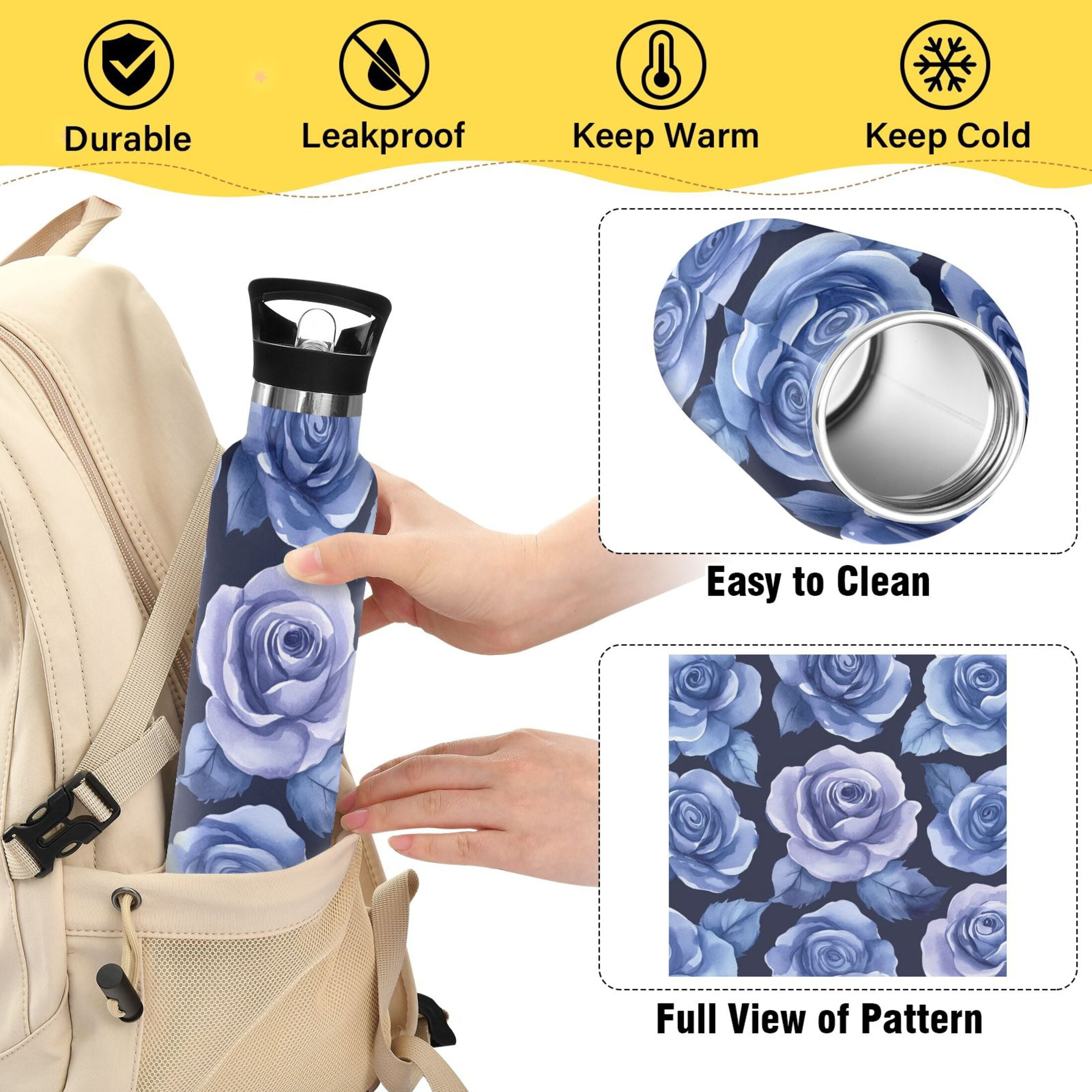 600ML Stainless Steel Insulated Cup Sports Water Bottle Portable Thermos Cup Water Glasses Insulated Tumblers Convenient and Durable Teal Roses Seamless
