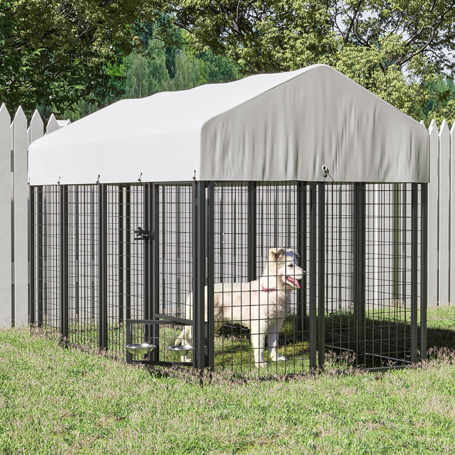 Waleaf 8x4x4 ft Outdoor Dog Kennel Cage for Large Dogs,Large Dog Kennel with Rotating Bowls for Outdoor,Pet Dog Run Enclosures for Dog Crate with Waterproof UV-Resistant Cover and Secure Lock