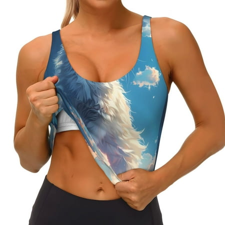 Qokaie Clear Sky Blue Cat Pattern Womens Scoop Neck Sports Bra Breathable Workout Vest Padded U Back Medium Impact Fitness Gym Yoga Bra Workout Crop Top