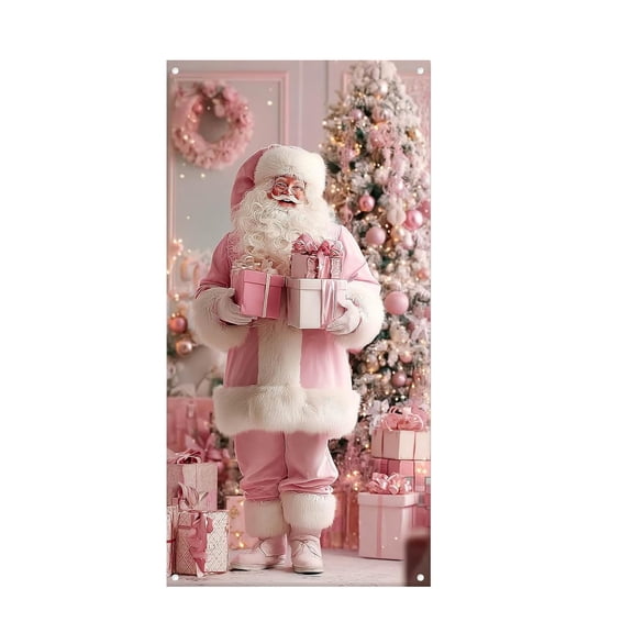Christmas Decorations Door Cover 71x35 Inch Pink Santa Pink Gifts Door Covers Party Banner for Front Door Porch Decor Photography Backdrop Home Kitchen Winter Seasonal Entryway Decor
