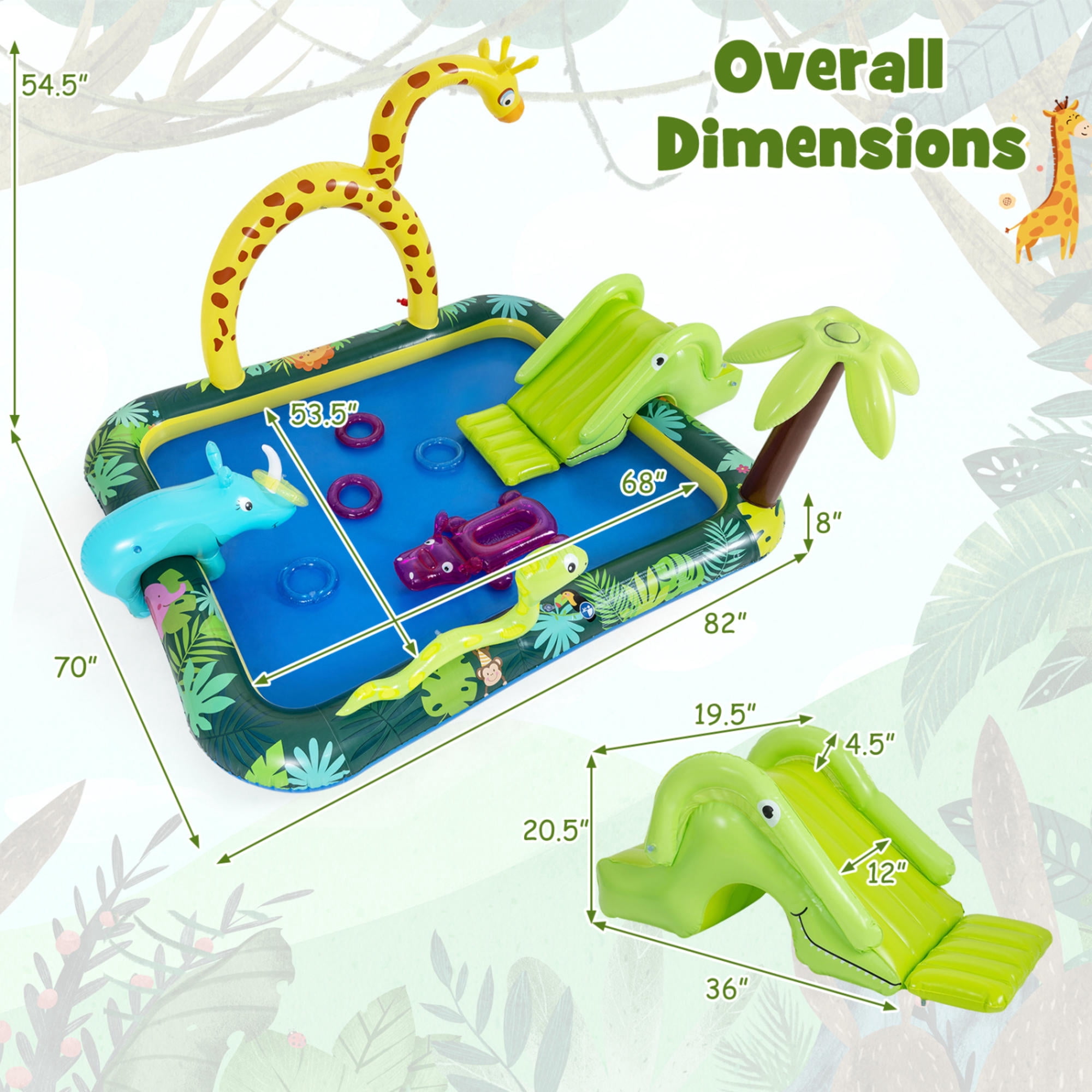 Inflatable Jungle Animal Spray Pool Play Center with Slide & Giraffe Sprinkler, Outdoor Kids Water Pool for Toddlers 2-6, Backyard Summer Water Fun