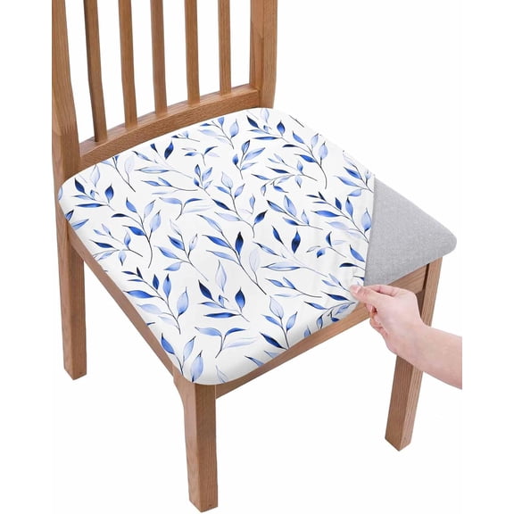 Blue Leaf Seat Covers for Dining Room Chair Set of 6, Modern Botanical Foliage Plant Country Flower Stretch Cushion Cover Kitchen Chair Covers, Removable Chair Slipcovers Protector