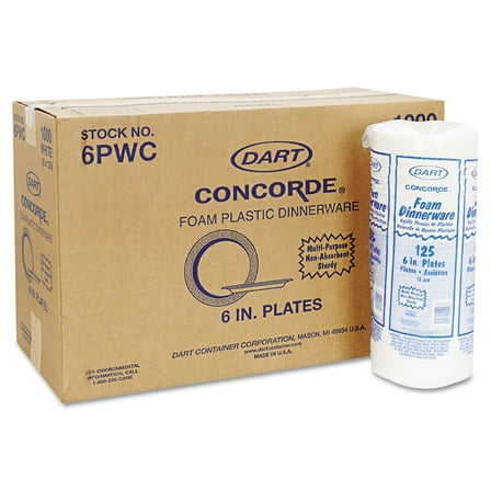 Dart Concorde Foam Plate, 6" dia, White, 1,000/Carton