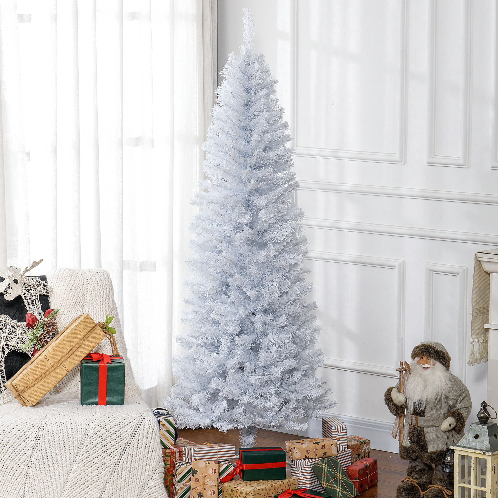 Pencil Christmas Tree, Unlit Artificial Christmas Tree Slim Douglas Fir Xmas Tree with Realistic Branches, Halloween Tree with Tips, White
