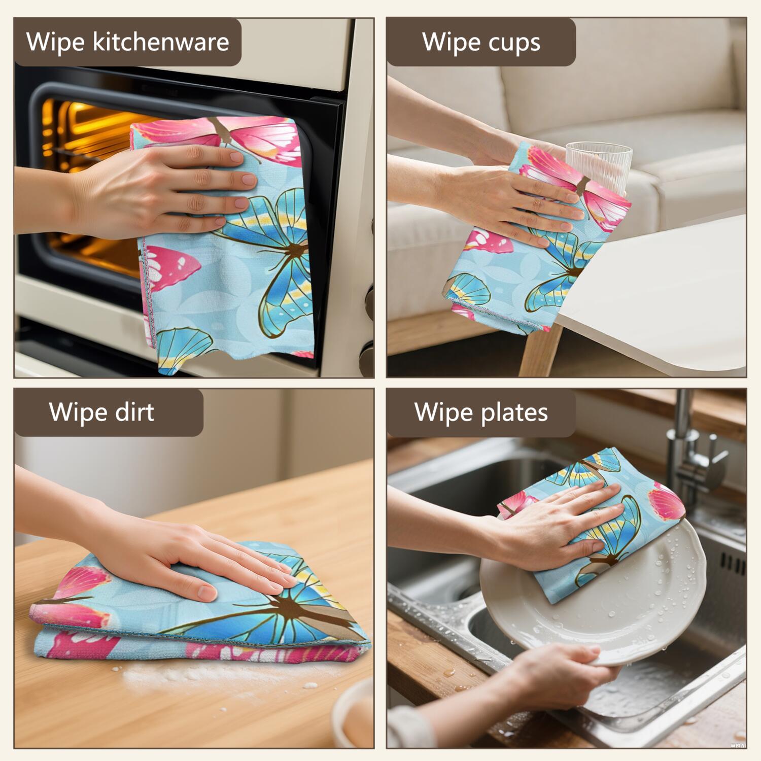 6 Pcs Funny Kitchen Towels,Blue and Gray Floral Pattern Microfiber Dish Towels,Kitchen Tea Towels,Kitchen Towel Set (18" X 26")