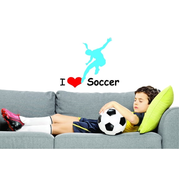 I Love Soccer Sports Girl With Ponytail Heart Vinyl Wall Decal Sticker 20x20 Inches