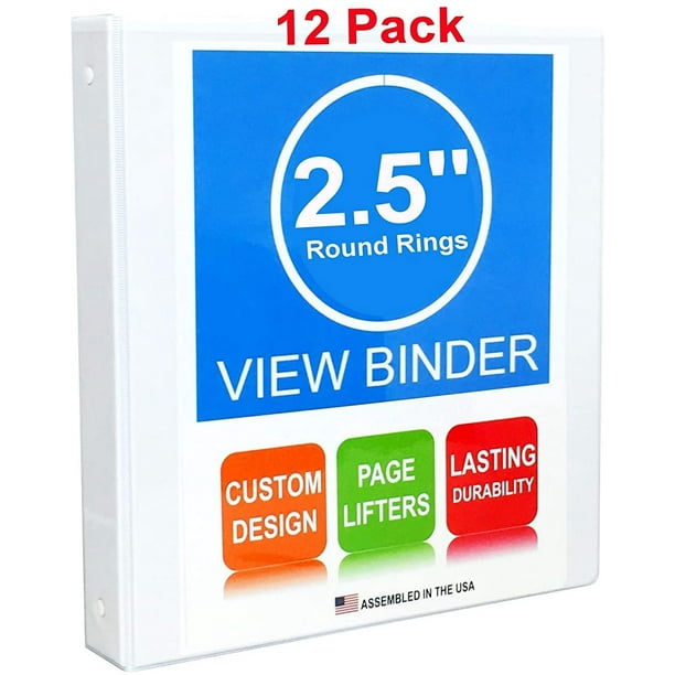 3 Ring Binders, 2.5 Inch Round Rings, White, Clear View, Pockets, 12