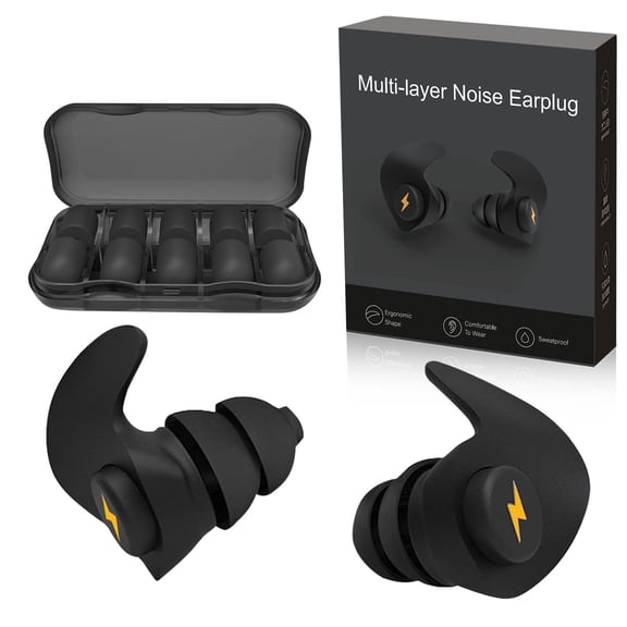 Ear Plugs for Sleeping Noise Cancelling, Soft Silicone Reusable Ear Plugs for Sleeping, Snoring, Work, and Travel – Ergonomic Sweatproof Design with Portable Storage Case, Black (5 Pairs)