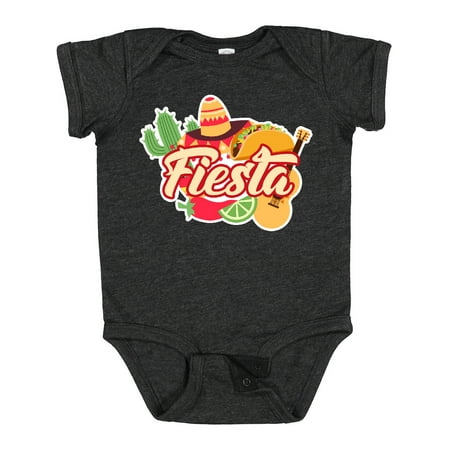 

Inktastic Fiesta with Sombrero Taco Cactus Lime Red Pepper and Guitar in Background Gift Baby Boy or Baby Girl Bodysuit