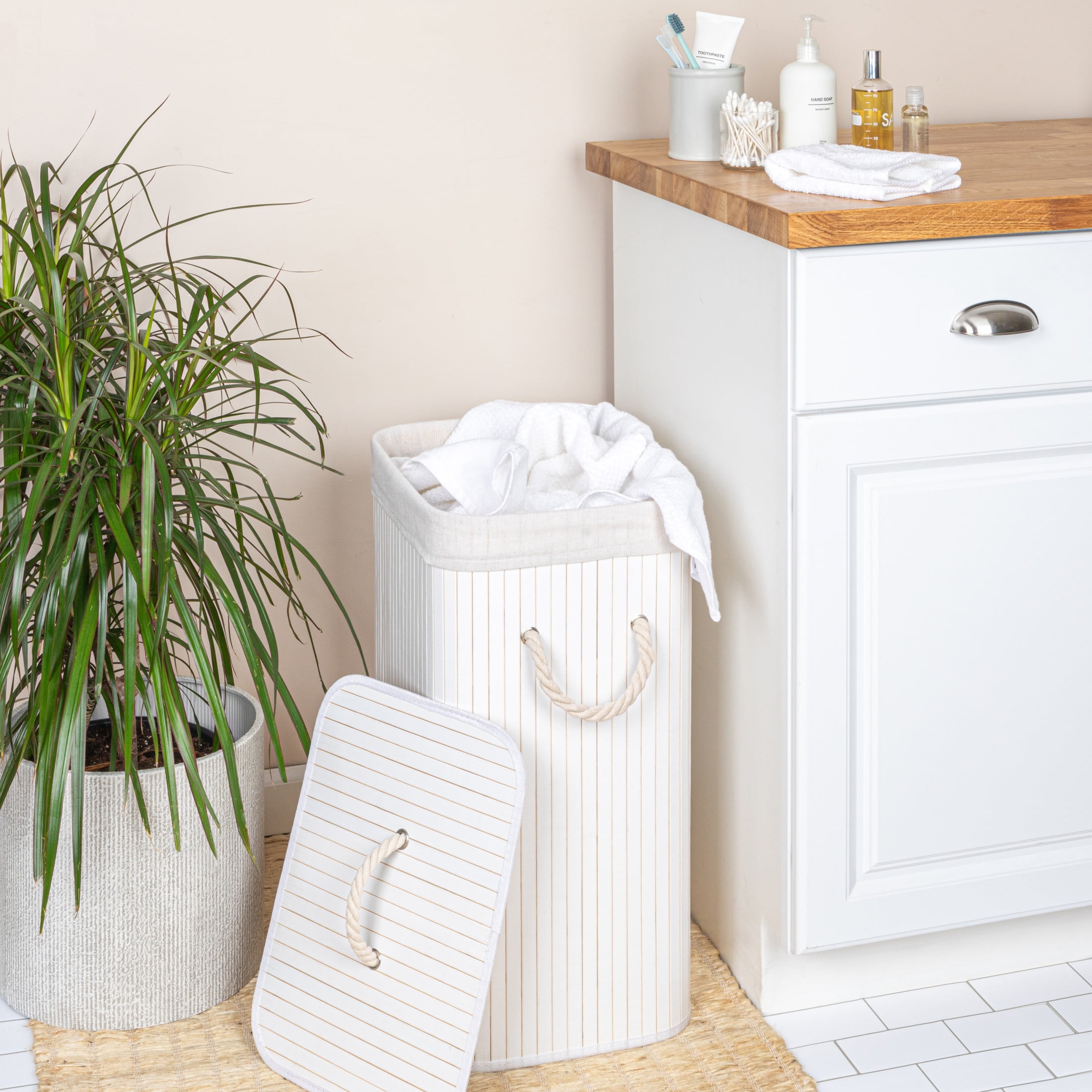 Household Essentials Bamboo Laundry Hamper with Rope Handles, Lid and Removable Machine Washable Laundry Bag, 19-Gallons, White