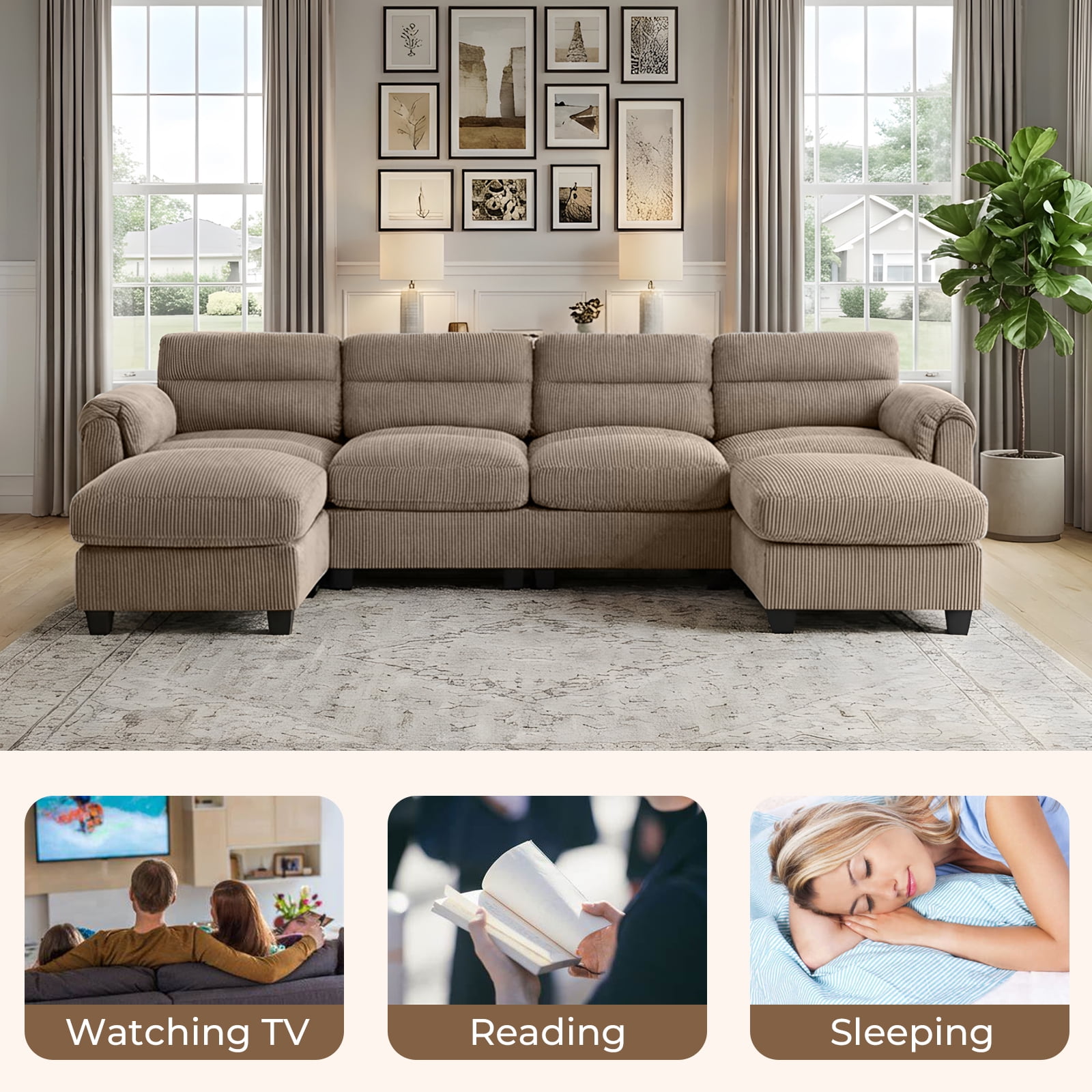 Bonzy Home Modular Sectional Sofa Couches for Living Room U-Shaped Sofa with Ottoman Brown
