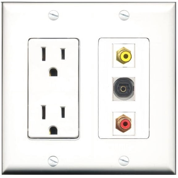RiteAV - 15 Amp Power Outlet 1 Port RCA Red 1 Port RCA Yellow 1 Port Toslink Decorative Wall Plate