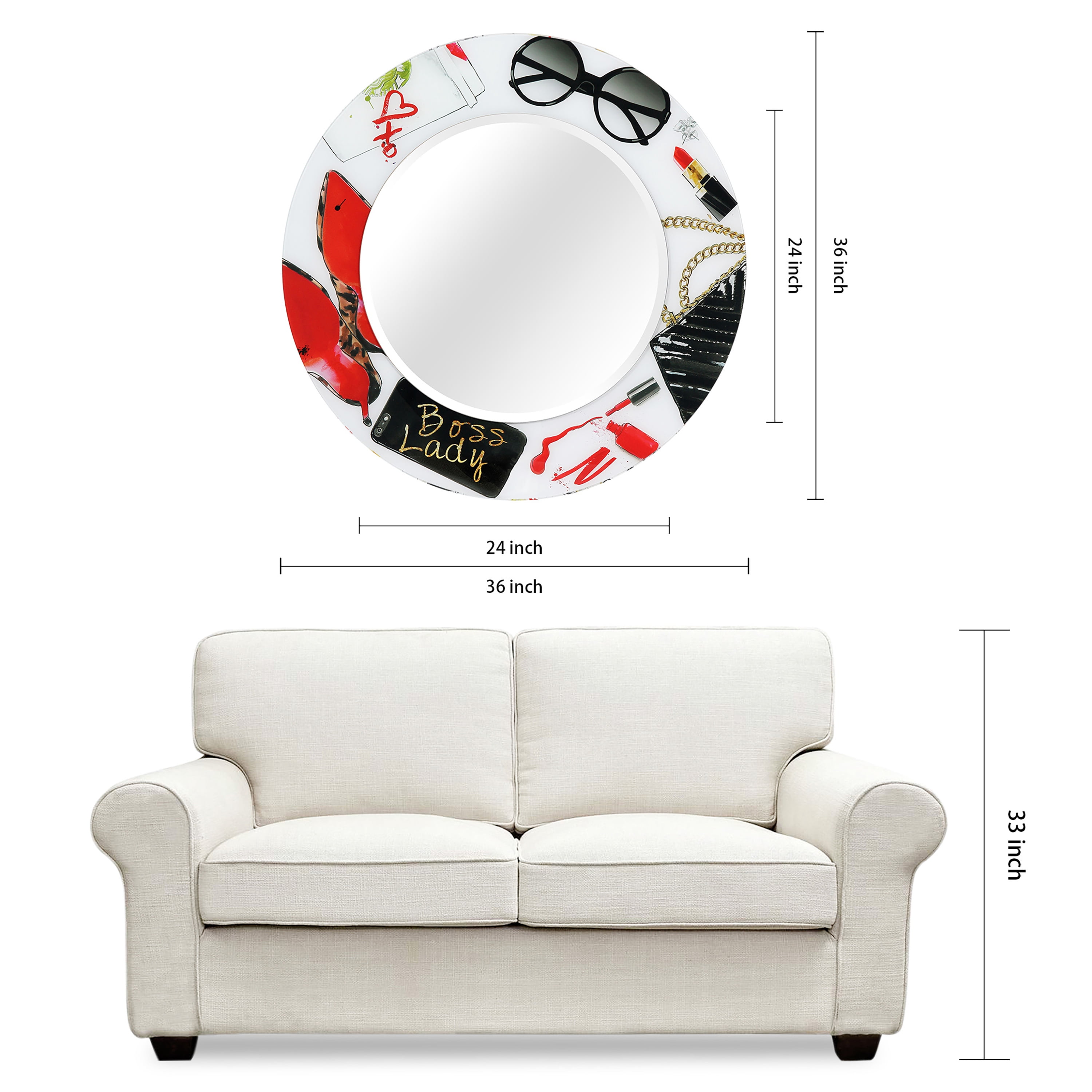 Empire Art Direct TAM-JP802-3636R-2424R 36 x 36 in. Boss Lady Round Beveled Mirror on Free Floating Reverse Printed Tempered Art Glass