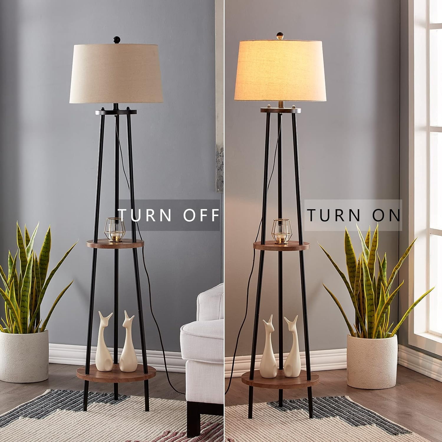 Maxax 65" Tripod Floor Lamp with Shelf, 3-Way Dimmable Standing Lamp with Oatmeal Fabric Shade for Living Room, Bedroom, Office