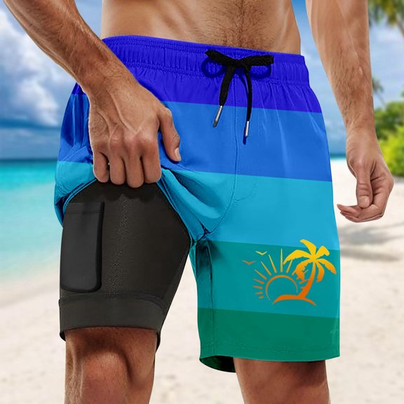 Conairie Mens Swim Trunks Stripe Pirnt Quick Dry Liner Swimsuit With Compression Lined Swimming Breathable Beach Wear XXL