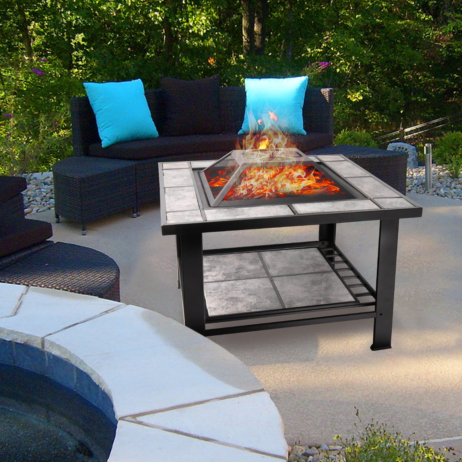 30" Square Bonfire Wood Burning Fire Pit Table with Spark Screen Cover, Log Grate, Waterproof Cover and Fire Poker for Outdoor Backyard, Garden, Bonfire