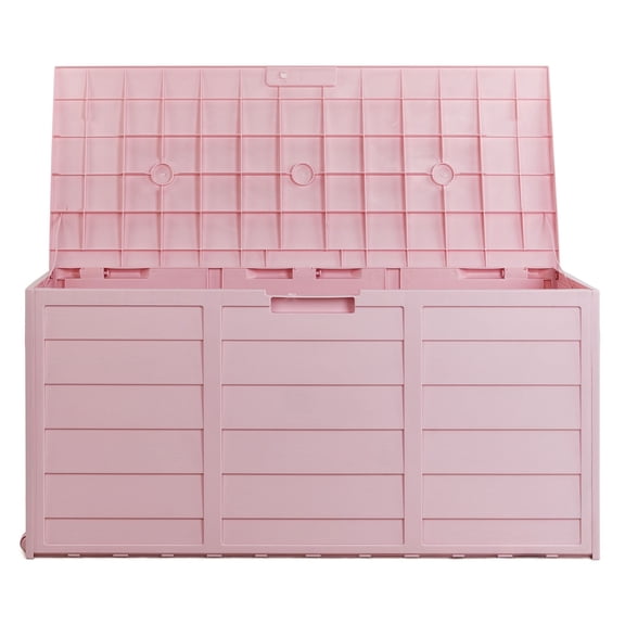 75gal Garden Plastic Storage Deck Box Outdoor Chest Tools Cushions Toys Lockable Seat Pink