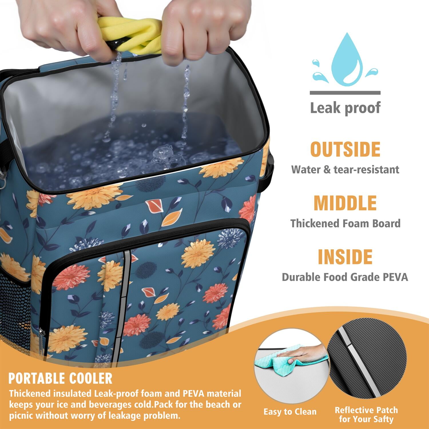 Travel Cooler Bag - Pioneer Flower Floral Print Pattern Camping Beer Cooler Backpack with Bottle Opener- Waterproof Insulated Picnic Backpacks - Cooler Bag for Beach