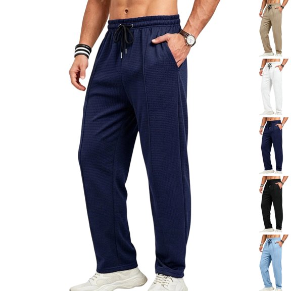 GrmtClth Mens Casual Pants for Men Elastic Waist Drawstring Lightweight Summer Loose Beach Straight Leg Pants with Pockets Navy L
