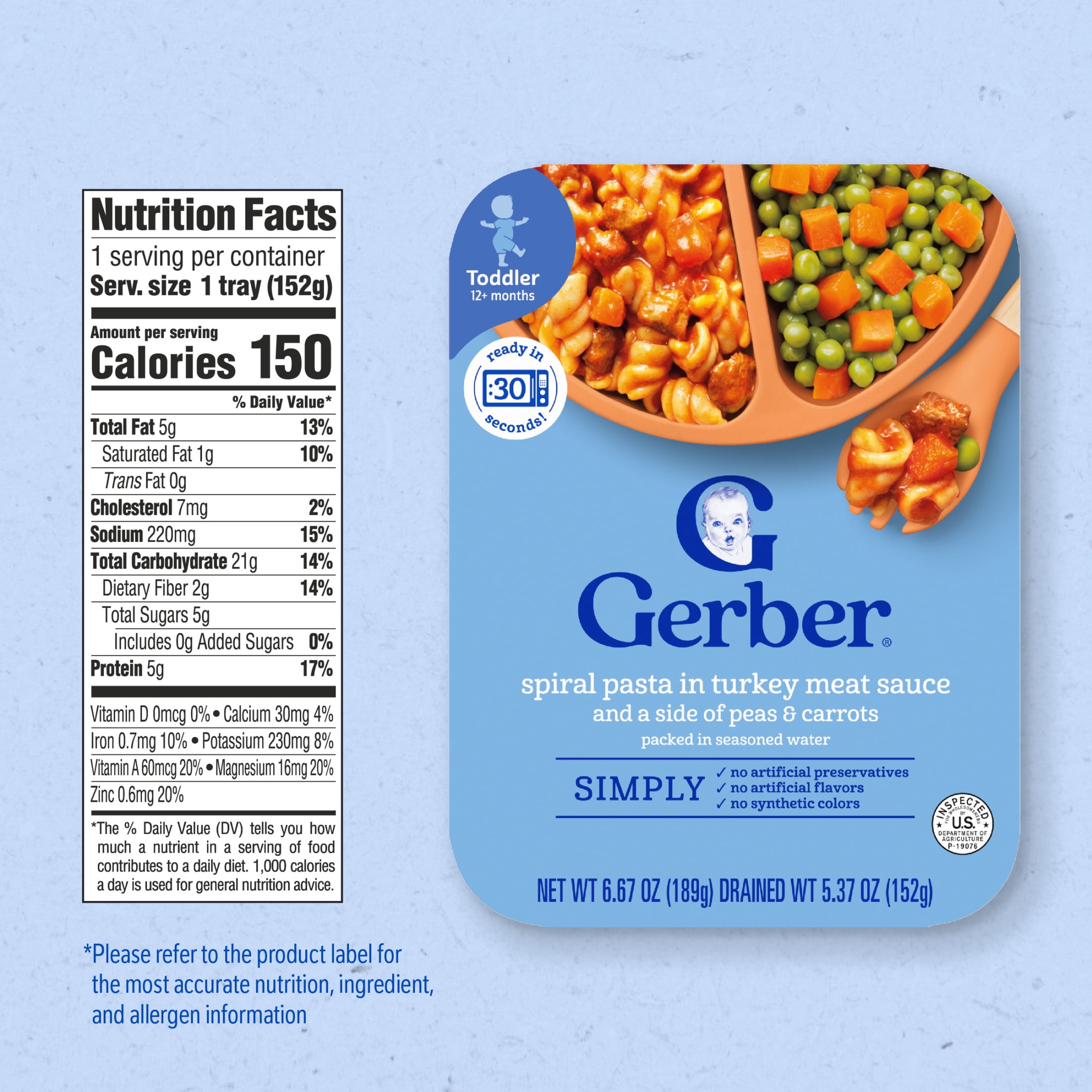 Gerber Spiral Pasta in Turkey Meat Sauce with Green and Yellow Beans Toddler Food, 6.67 oz Tray