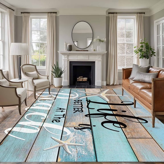 Area Rug for Living Room, Turquoise Beach Non-Slip Indoor Large Carpet for Bedroom/Dining Room, Coastal Starfish Retro Wooden Plank Washable Low-Profile Rectangle Floor Runner Rugs - 5 x 8 Ft