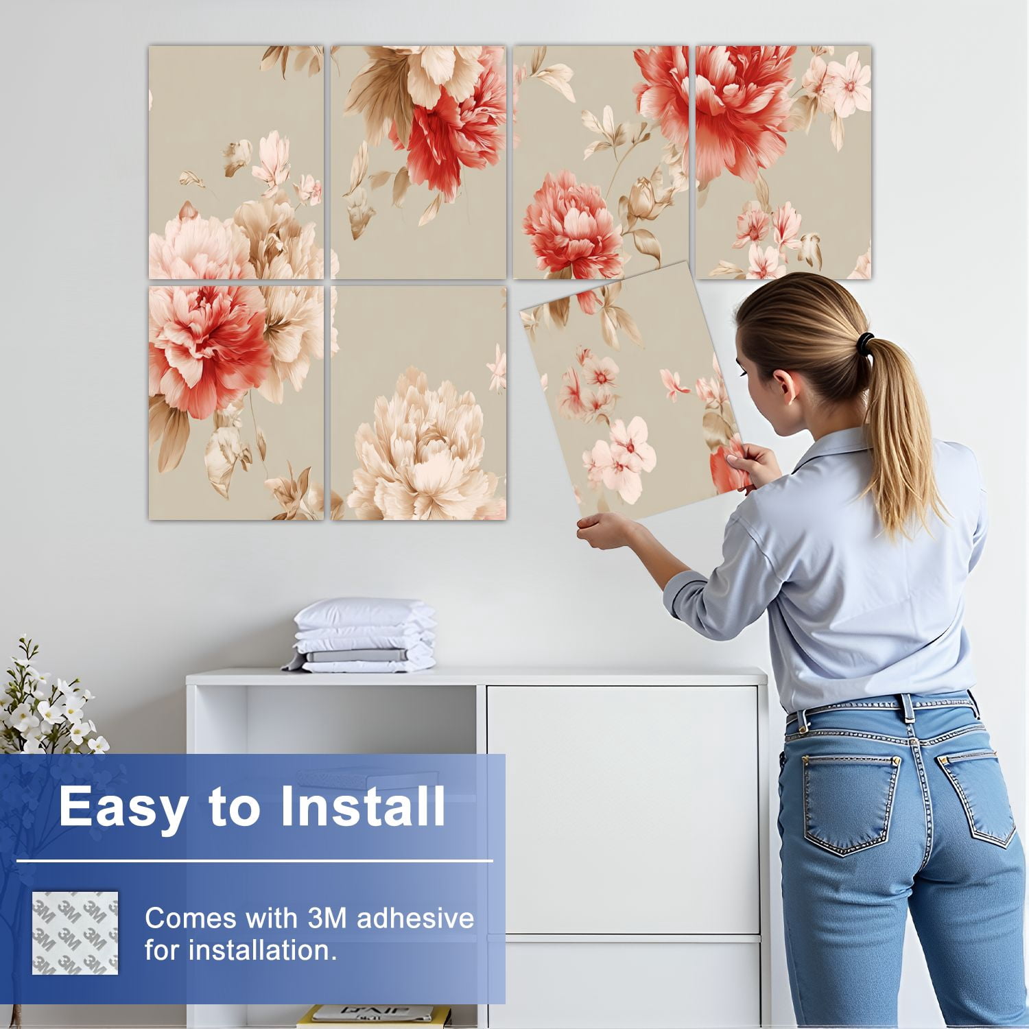 8 Pack Art Acoustic Panels Sound Absorbing Red Pink Floral Soft Beige Decorative Soundproof Wall Panels Self Adhesive for Nursery Game Room Bedroom 48"x32"